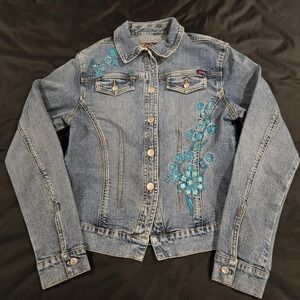 Vintage Yuka Women's Denim Jeans Floral Embroidery Button Up Jacket Y2K Size M